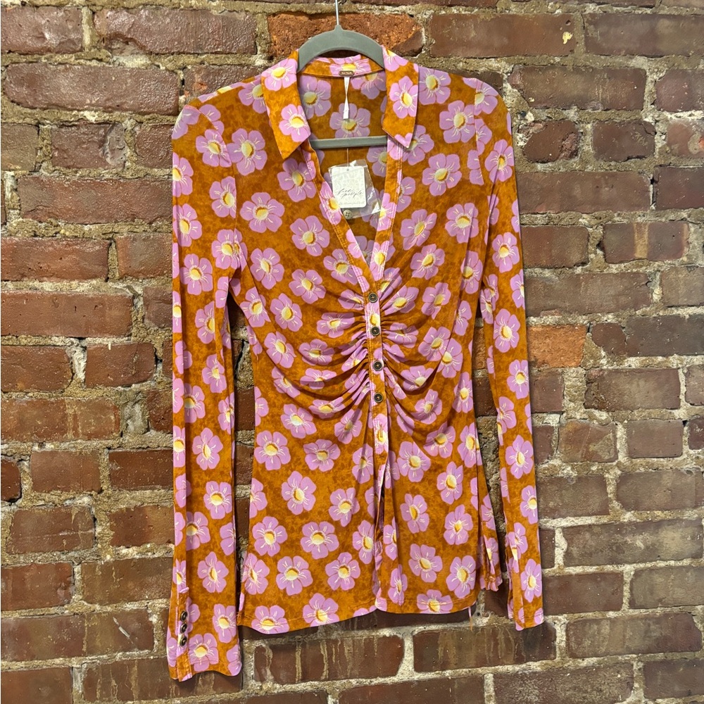 Free people blouse -Floral Ruched Women's Top - Pink and Orange